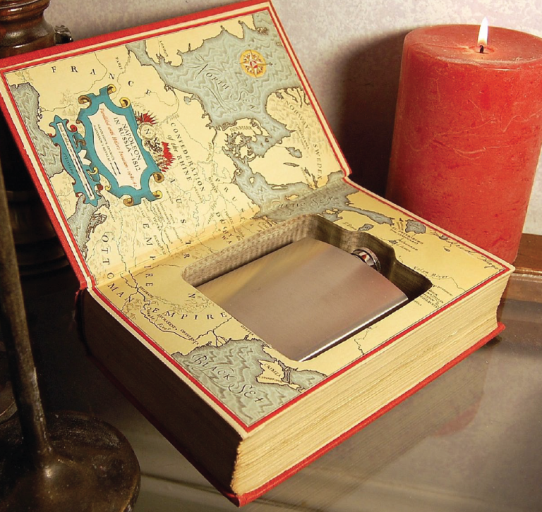 Hollowed-out book with flask
